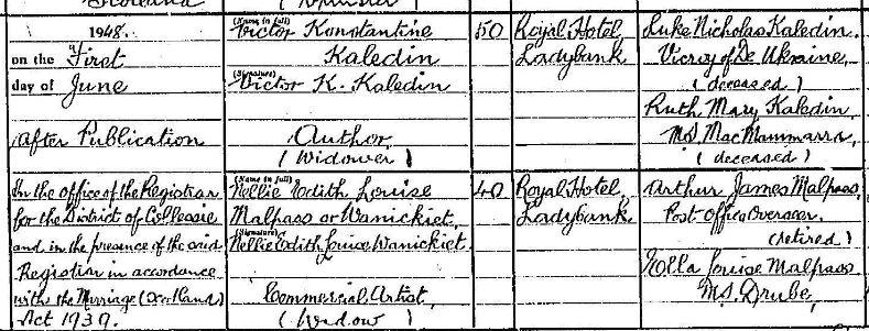 Extract from marriage certificate for Victor Kaledin and Lucy Drube, 1948