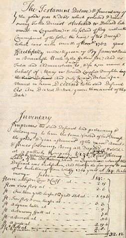 Part of testament of Archibald McDonald, 1762, NAS ref. CC12/3/5 p74