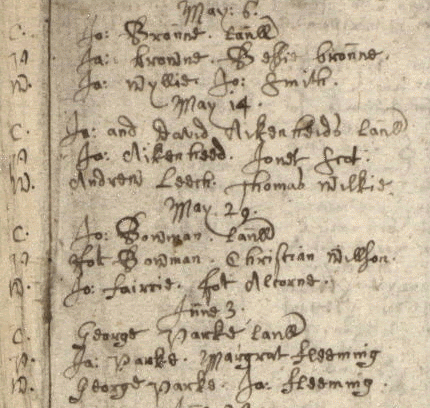 Excerpt from a register of baptisms within a volume of kirk session records for the parish of Rutherglen (National Records of Scotland, CH2/315/1, page 111). 
