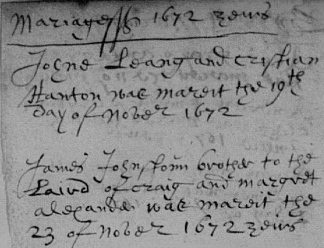 Extract from the Aberdeen Old Parish Register of Marriages, 1672. (National Records of Scotland, O.P.R. Marriages 168-0A 0120 0545 [Aberdeen]).