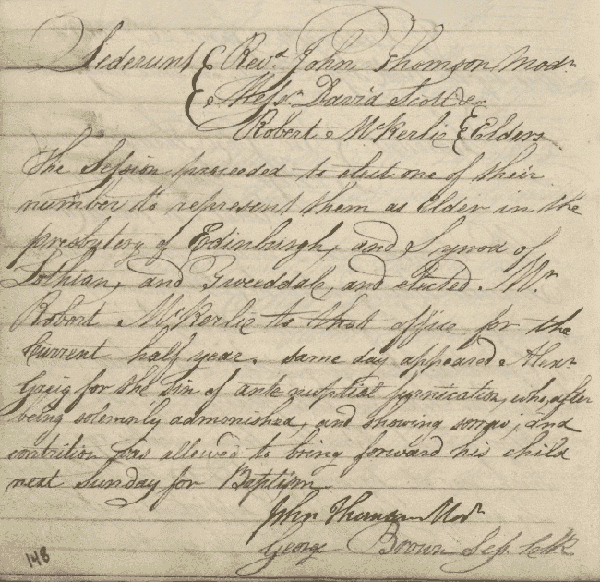 Image of the minutes of Duddingston Kirk Session, and dates from 1834 (National Records of Scotland, CH2/125/1 page 148). 