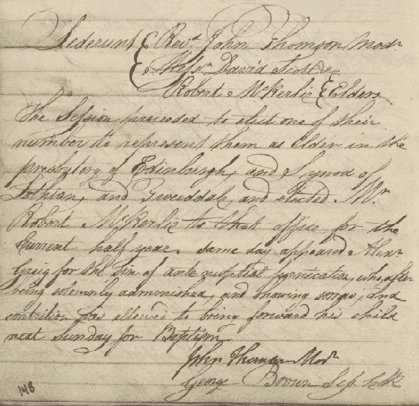 Image of the minutes of Duddingston Kirk Session, and dates from 1834 (National Records of Scotland, CH2/125/1 page 148).