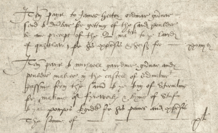 Account for fireworks, 1566 (National Records of Scotland, E23/3/45, page 1) 
