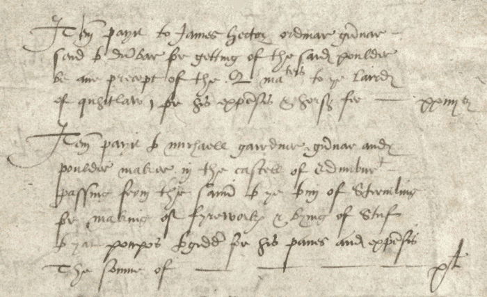 Account for fireworks, 1566 (National Records of Scotland, E23/3/45, page 1)