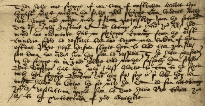 Passage of a letter from the Baillies of Anstruther to the Privy Council of Scotland, 1620 (National Records of Scotland PC10/12/35 page 12).