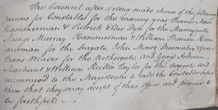 Extract from the Dundee Burgh Minute Book from 1779 (Dundee City Archives Reference, DUN -Nov1767/1779. Image displayed with kind permission by Dundee City Archives).