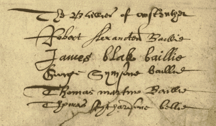 Image of the signatures of five baillies of the burgh of Anstruther in 1620, (National Records of Scotland, PC10/12/35/XII).