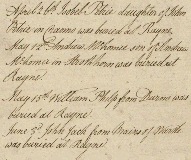 Extract from burial register for Rayne parish, 1785 (National Records of Scotland reference CH2/310/4)