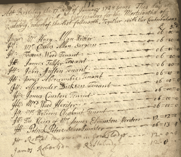 Image of an extract from the mortcloth accounts for 17 January 1728 (National Records of Scotland, CH2/1306/3 page 4). 