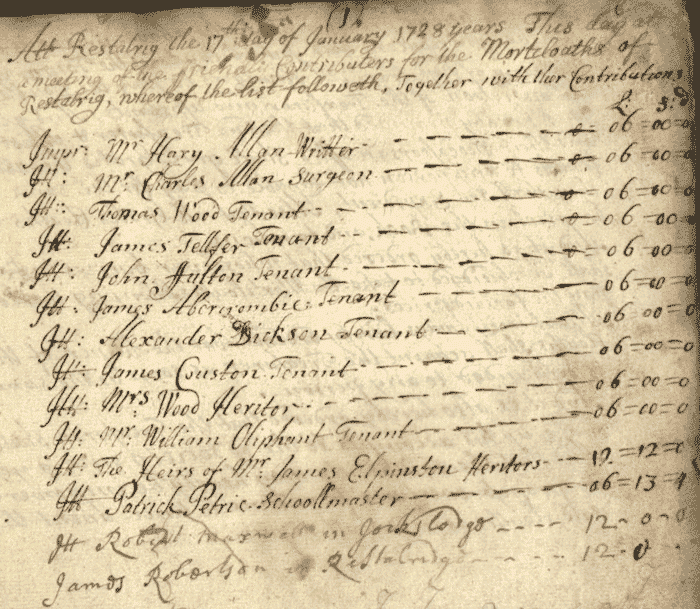 Image of an extract from the mortcloth accounts for 17 January 1728 (National Records of Scotland, CH2/1306/3 page 4).