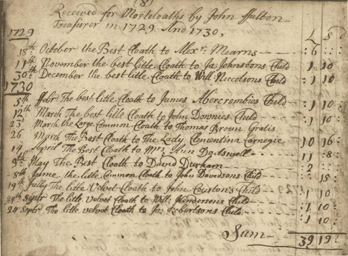 Image of an extract from the mortcloth accounts for 1729 and 1730 (National Records of Scotland, CH2/1306/3 page 12). 