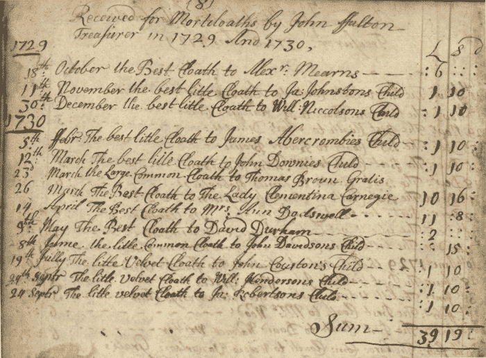 Image of an extract from the mortcloth accounts for 1729 and 1730 (National Records of Scotland, CH2/1306/3 page 12).