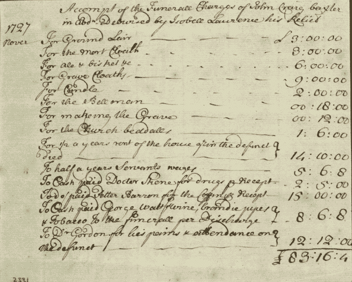 Image of an account of the expenses at a funeral in Aberdeen in 1727 (National Records of Scotland, CC1/6/11 page 2331). 