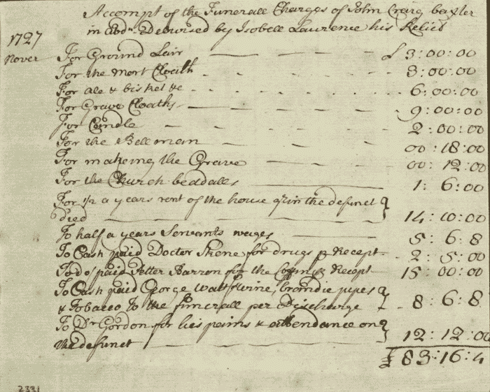 Image of an account of the expenses at a funeral in Aberdeen in 1727 (National Records of Scotland, CC1/6/11 page 2331).