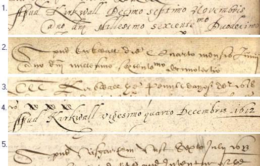 Examples of dates from Orkney and Shetland Commissary Court testaments (National Records of Scotland, CC17/2/1 and 2).