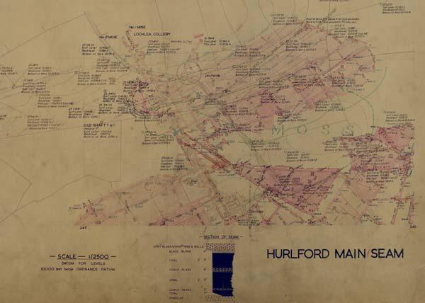 Detail from a plan illustrating the Hurlford main seam, 1953. NRS, RHP146000/99/2.  This copy is provided under the terms and conditions of ScotlandsPeople.  This is not an official abandonment plan. Workings must be verified as to their completeness and accuracy in the official abandonment plans available from The Mining Heritage Centre, 200 Lichfield Lane, Mansfield (NG18 4RG) or The British Geological Survey, Research Avenue South, Edinburgh (EH14 4AP).