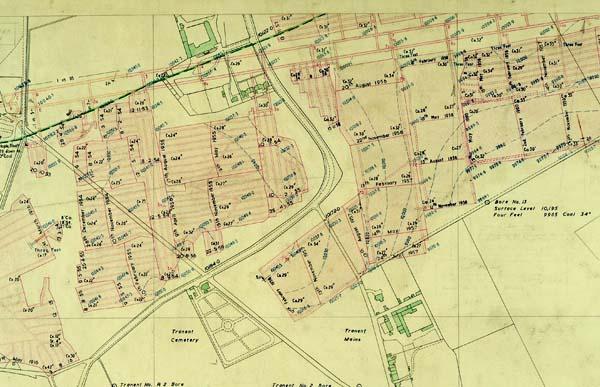 Detail from a plan of Coal Board workings of Four Feet Seam (NT 36/4073), [20th century]. NRS, RHP146000/917/5.  This copy is provided under the terms and conditions of ScotlandsPeople. This is not an official abandonment plan. Workings must be verified as to their completeness and accuracy in the official abandonment plans available from The Mining Heritage Centre, 200 Lichfield Lane, Mansfield (NG18 4RG) or The British Geological Survey, Research Avenue South, Edinburgh (EH14 4AP).