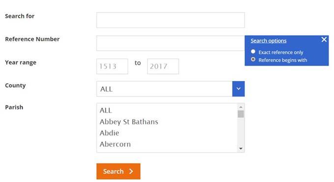 An image of a screenshot of the maps and plans search page. Crown copyright, NRS.