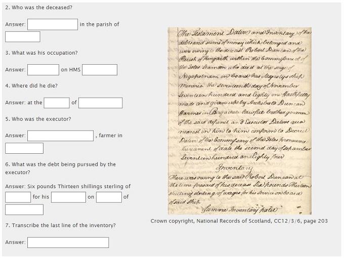 Testaments Tutorial Further Exercises extract from testament dative for Robert Duncan, 1784