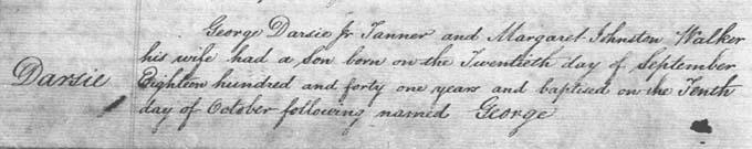 An image of George Darsie’s birth entry. Crown copyright, National Records of Scotland (NRS), Old Parish Registers of Births, 402/ Anstruther Easter page 92