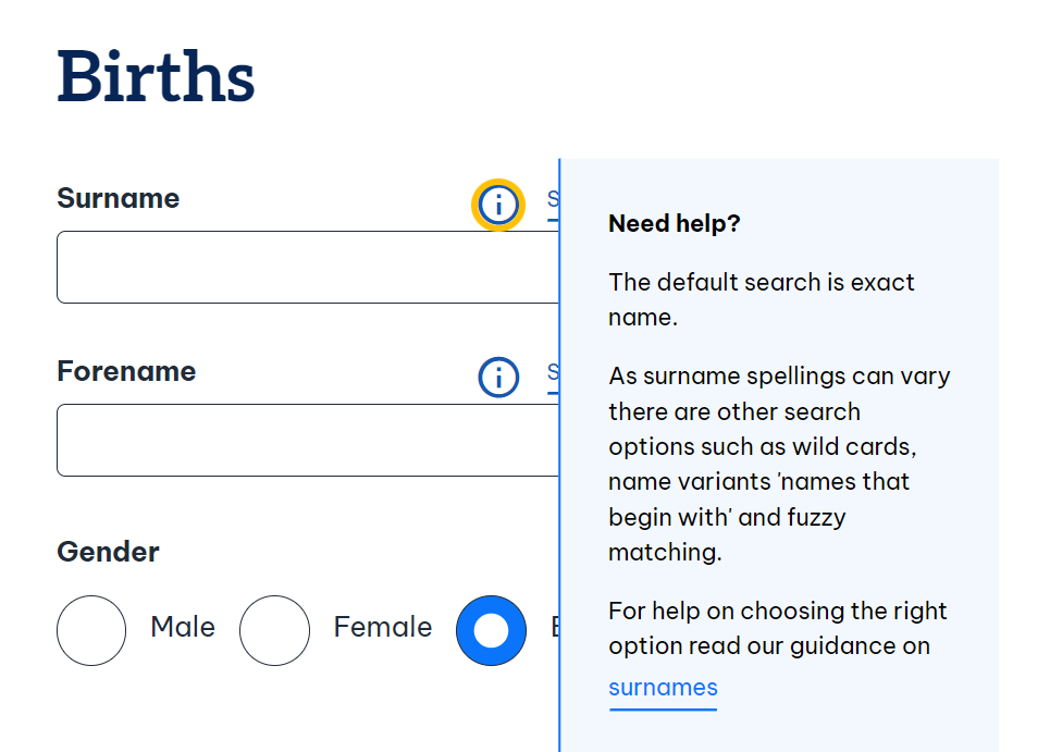 Screenshot of Scotland's People showing a search tip for searching by Surnames