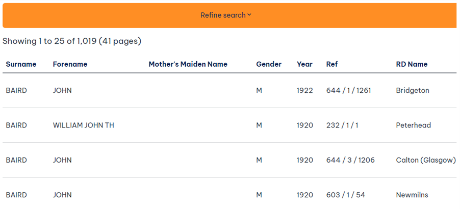 Screenshot of Scotland's People showing how to refine a search