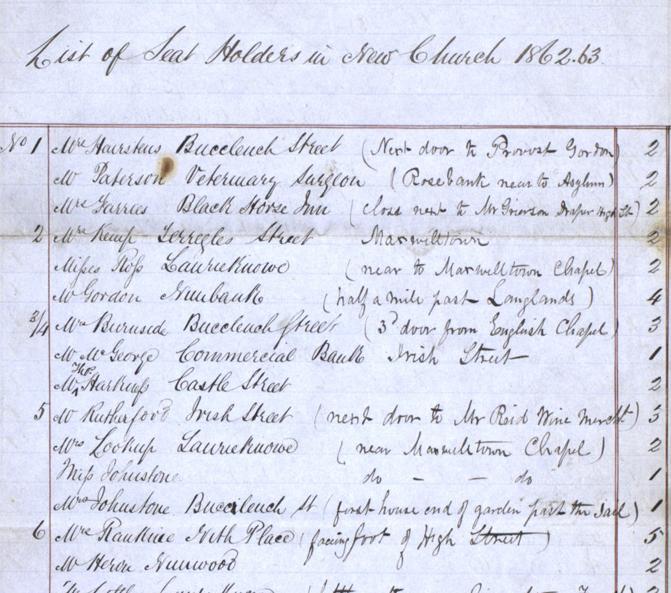 Detail from the list of seat rents for Greyfriars in Dumfries has detailed descriptions of the payer’s addresses and occupations. NRS, CH2/979/9 page 1