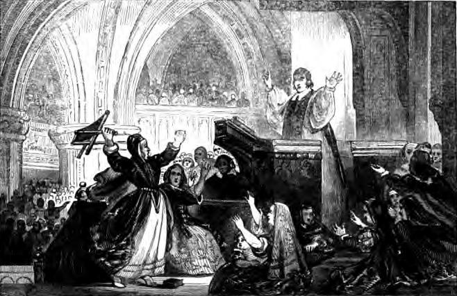 Illustration of Jennet Geddes throwing the stool at Minister Hannay. From 'Witnesses for the Truth in the Church of Scotland' by W.P. Kennedy, 1843. Public domain, taken from www.archive.org