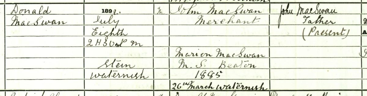 Detail from Donald MacSwan’s birth entry, 8th July 1892. Crown copyright, National Records of Scotland (NRS), Statutory Registers of Births, 1892, 110/2 11 page 4