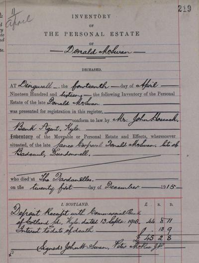 The Inventory of the Personal Estate of Donald MacSwan. Crown copyright, NRS, SC25/44/29 page 223