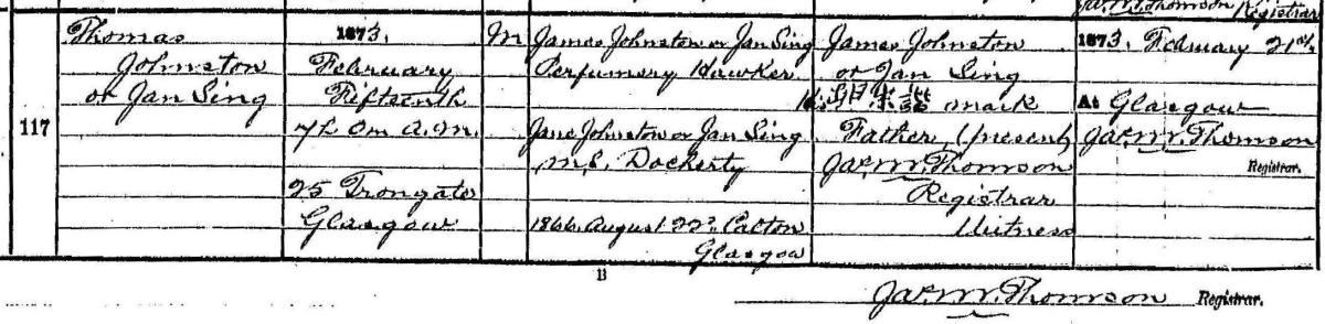 Thomas Johnston's birth certificate, 1873. NRS 644 / 5 / 117