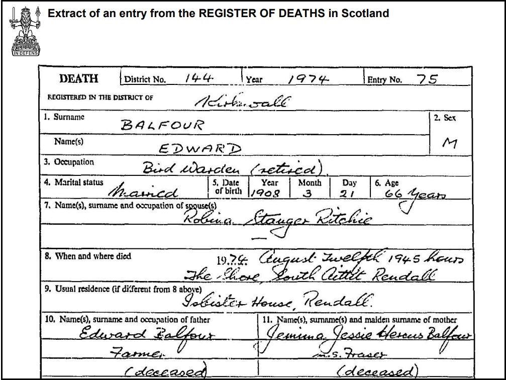 Eddie Balfour's death certificate, 1974