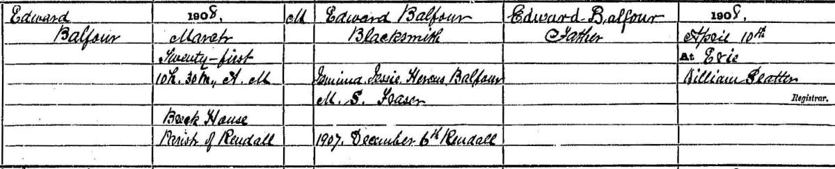 Edward Hercus Balfour birth certificate 1908, 
