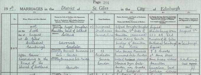 The marriage entry of George Nigel Douglas-Hamilton, Earl of Selkirk and Audrey Durrell Drummond Sale-Barker, 6th August 1949. NRS, Crown copyright, Statutory Register of Marriages, 1949, 685/4 587 page 294
