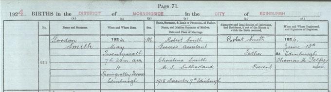 Gordon Smith’s birth entry. Crown copyright, NRS, Statutory Register of Births, 1924, 685/7 211 page 71
