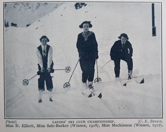 Audrey Sale-Barker is seen in the centre of the photograph in Murren, Switzerland, 1928. Credit: With kind permission of The Ladies’ Ski Club 