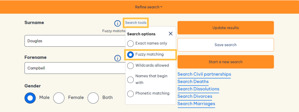 Screenshot showing search fields on Scotland's People, with 'fuzzy matching' selected on the search tools drop-down menu