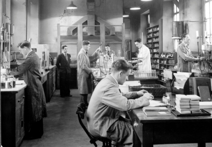 Photograph of male scientists at work in the laboratory at the Carron Works near Falkirk