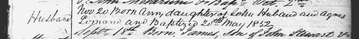 Detail from Old Parish Register entry for Ann (Agnes) Husband, 1851