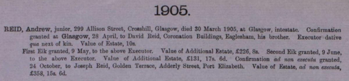 Calendar of Confirmation for Andrew Reid jnr