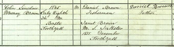 Birth entry of Colin Sinclair Murray Brown, 8th July 1865.