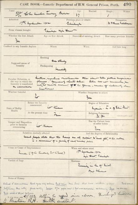 Colin Sinclair Murray Brown’s entry in the Case Book for the Lunatic Department of HM General Prison, Perth.
