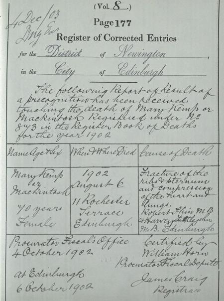 The Register of Corrected Entries which records the ‘Cause of Death’ as ‘Fracture of the Ribs & Sternum and compression of the heart and lungs.’
