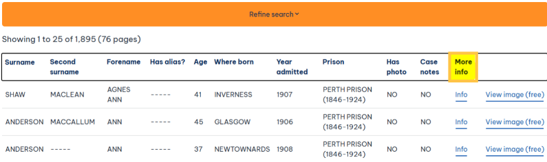 Screenshot showing search results page from Scotland's People with details of Perth Prison records with 'More info' column highlighted