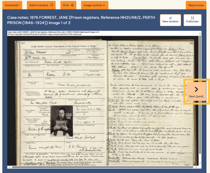 Screenshot of Perth prison record with next button highlighted
