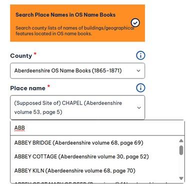 Screenshot of Search Place Names in OS Name Books drop-down list for Place name - Abb