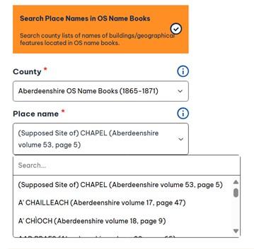 Screenshot of Search Place Names in OS Name Books drop-down list for Place name