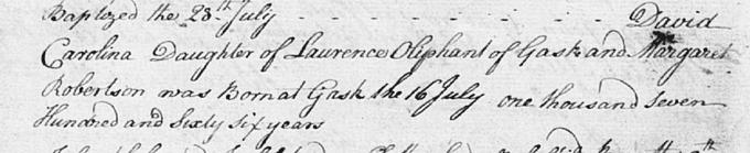 Baptism entry for Carolina Oliphant in the Old Parish Register (OPR) for Findo Gask. National Records of Scotland (NRS), OPR, 352/1.