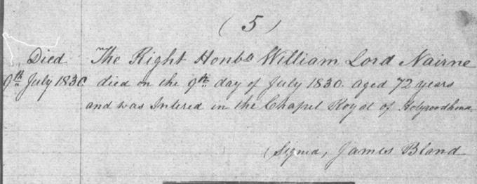 Death entry for William, 5th Lord Nairne. NRS, Old Parish Registers, 1830, 685/3 370 9