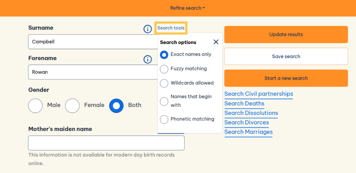 Screenshot of a search screen on Scotland's People with the 'search tools' drop-down menu highlighted